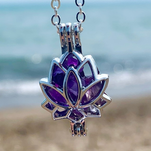 Amethyst Lotus Flower Caged Necklace - Picture 5 of 7